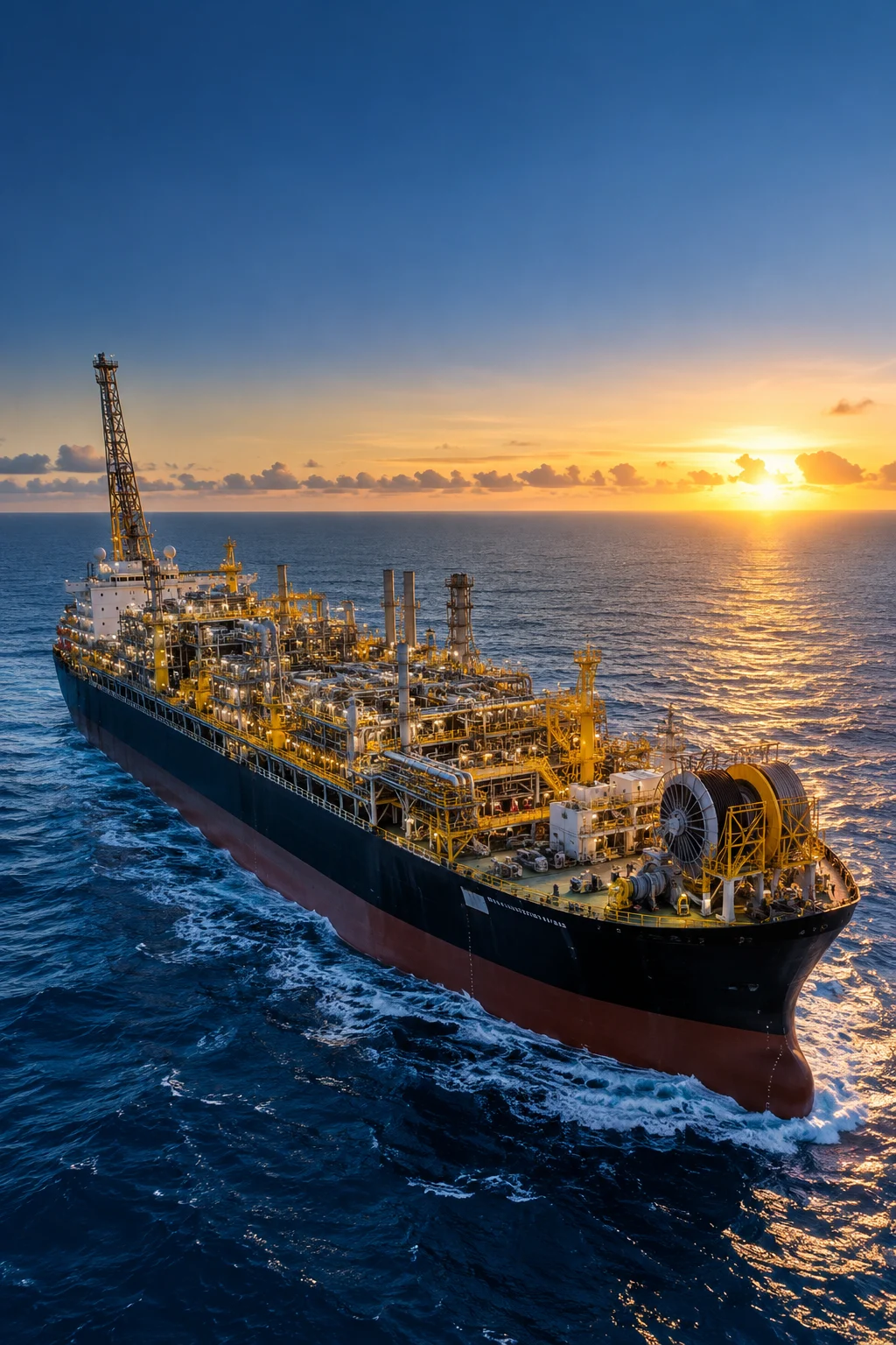Cena ilustrativa de uma unidade offshore no oceano ao pôr do sol